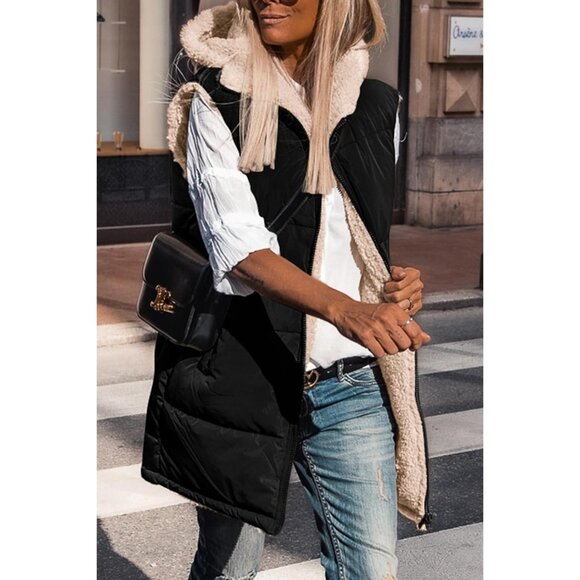 Women's Reversible Fleece Vest Sleeveless Hoodie Pockets Fall Winter Coat - Picture 4 of 6